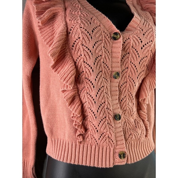 Ruffle Knit Cardigan Sweater Pink Feminine Lace Detail Button Front Size Small - Picture 5 of 16